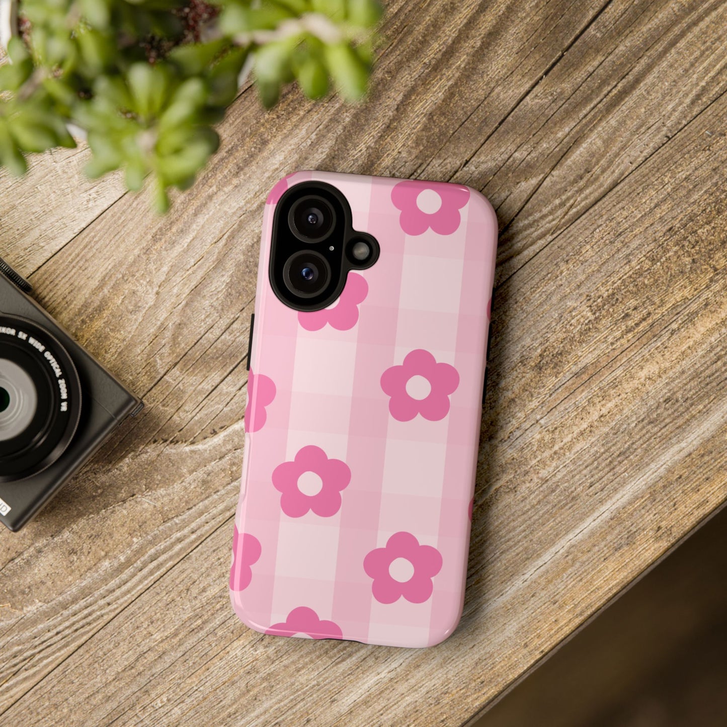 Flower Power Phone Case, Cute Floral Phone Cover, Pink Checkered Cell Phone Case, Durable Designer Cases, Gift for Her