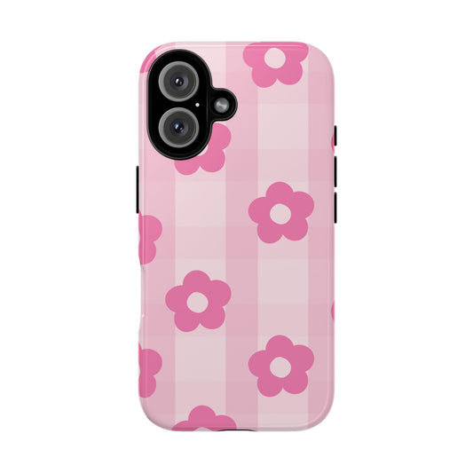 Flower Power Phone Case, Cute Floral Phone Cover, Pink Checkered Cell Phone Case, Durable Designer Cases, Gift for Her
