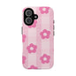 Flower Power Phone Case, Cute Floral Phone Cover, Pink Checkered Cell Phone Case, Durable Designer Cases, Gift for Her
