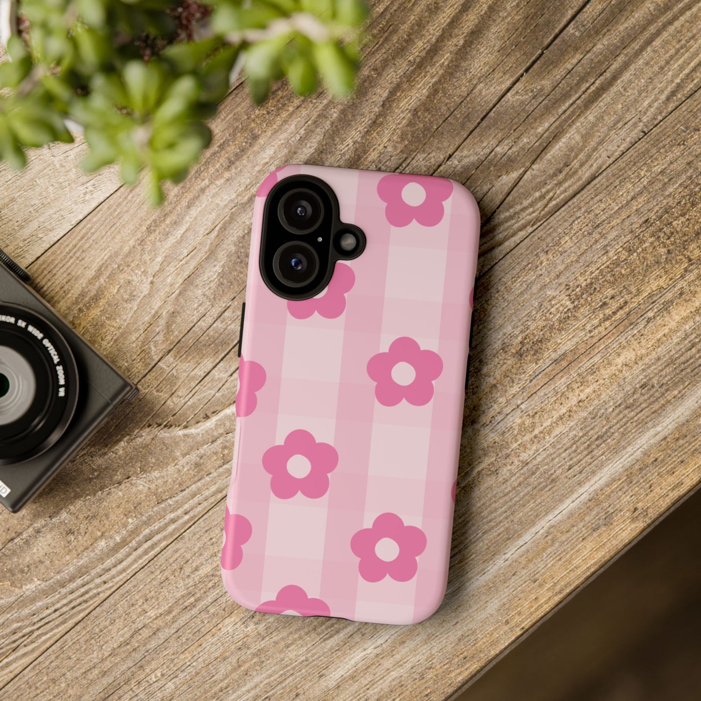 Flower Power Phone Case, Cute Floral Phone Cover, Pink Checkered Cell Phone Case, Durable Designer Cases, Gift for Her